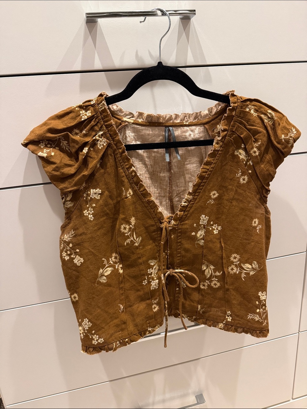 Anthropologie Brown Floral Tie-Front Blouse